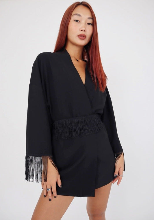 Twinty Tassel Kimono Style Dress | Black
